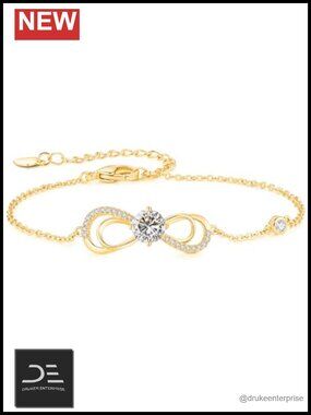 1CT Moissanite Infinity Bracelet Adjustable Chain Yellow Gold Plated Brass